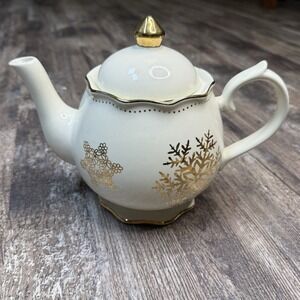 Cracker Barrel Season of Glory Teapot Gold Snowflakes Gold Trim Cottage Core